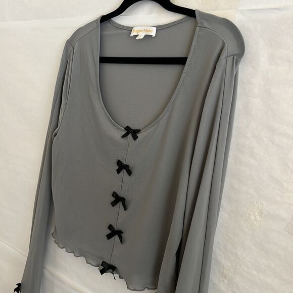 Sugar Moon Gray Mesh Bow Top XL Long Sleeve Ruffle Edge Coquette Y2K Crop - Picture 5 of 11